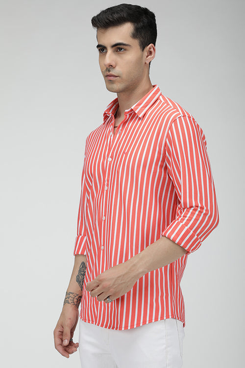 Coral Pink vertical stripe knitted stretch shirt