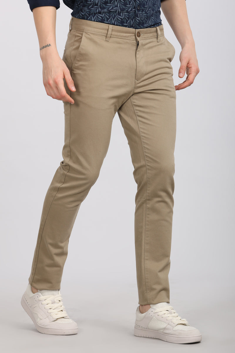 Khaki Solid Textured Stretch Trouser