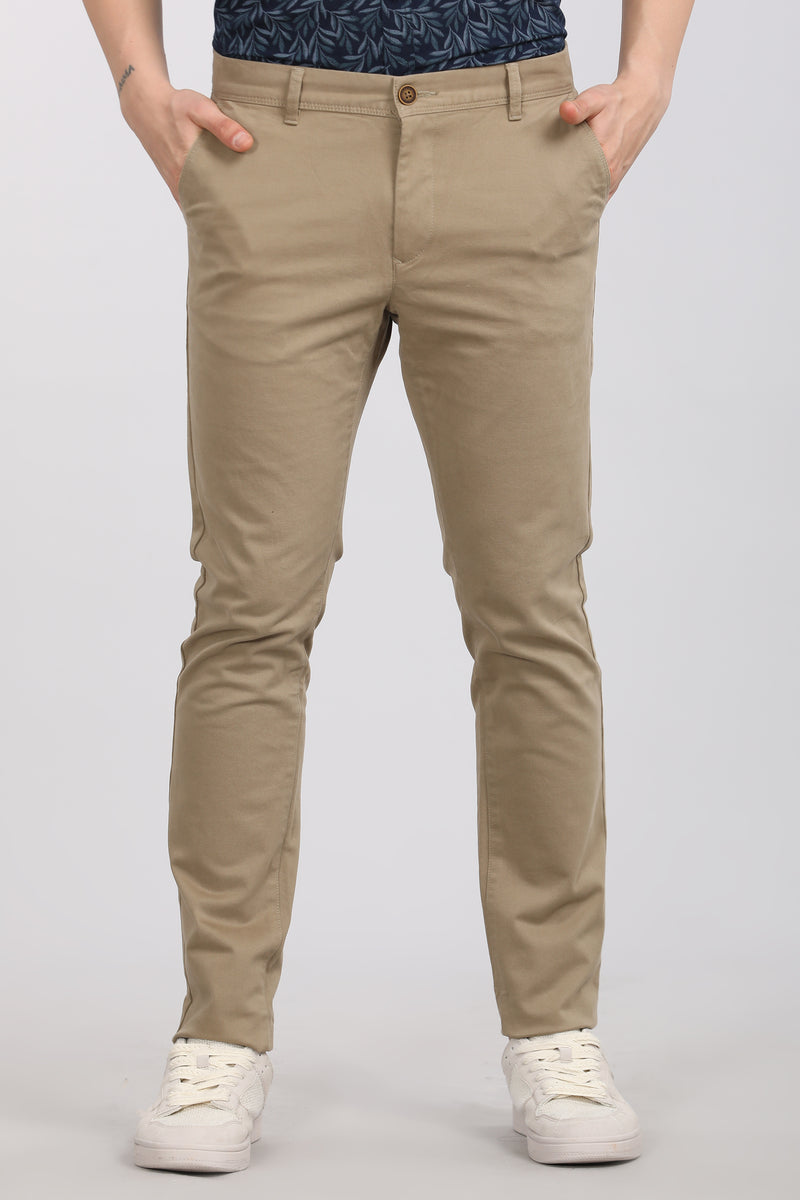 Khaki Solid Textured Stretch Trouser