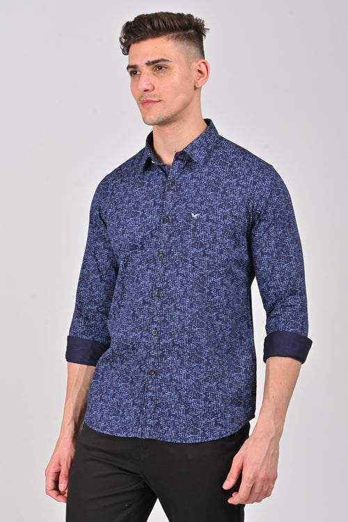 Navy Blue Premium Cotton Printed Shirt