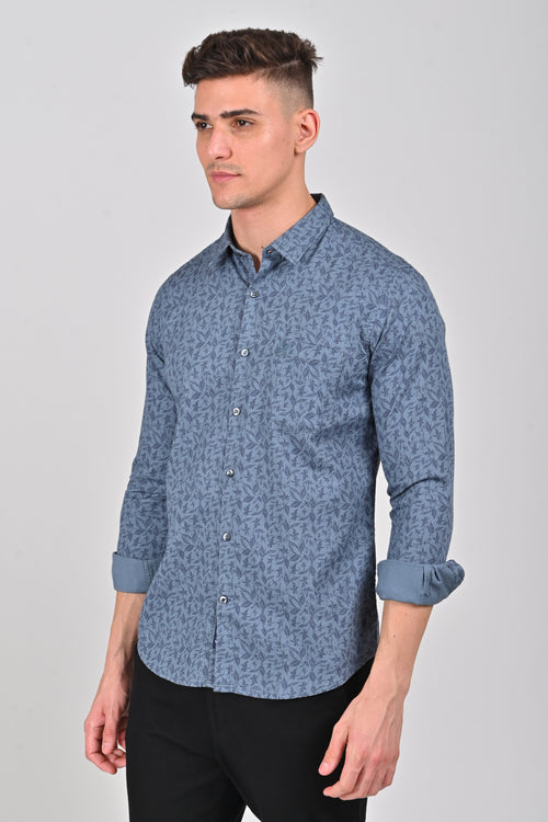 Teal Blue Premium Cotton Textured Printed Shirt