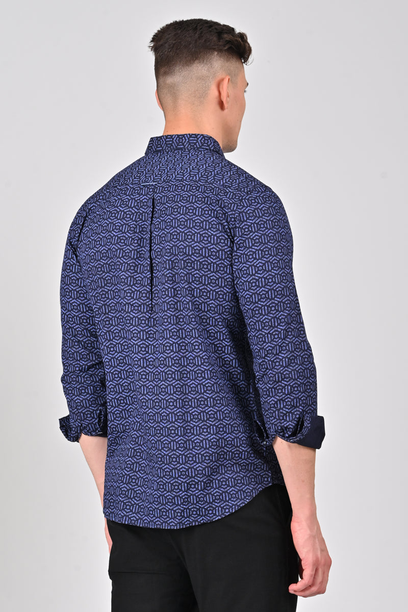 Cobalt Blue Premium Cotton Printed Shirt