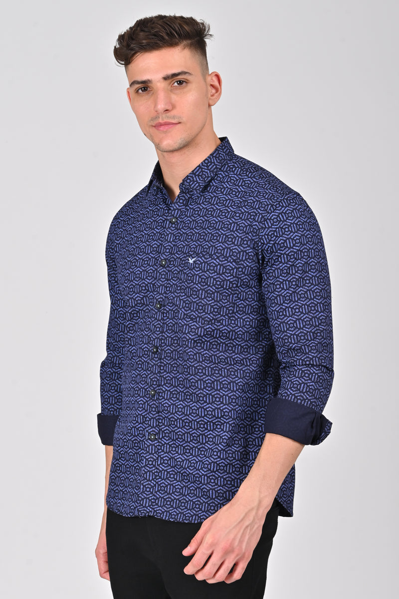 Cobalt Blue Premium Cotton Printed Shirt