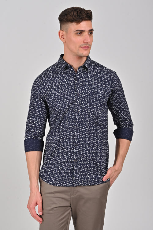 Navy Cotton Printed Shirt