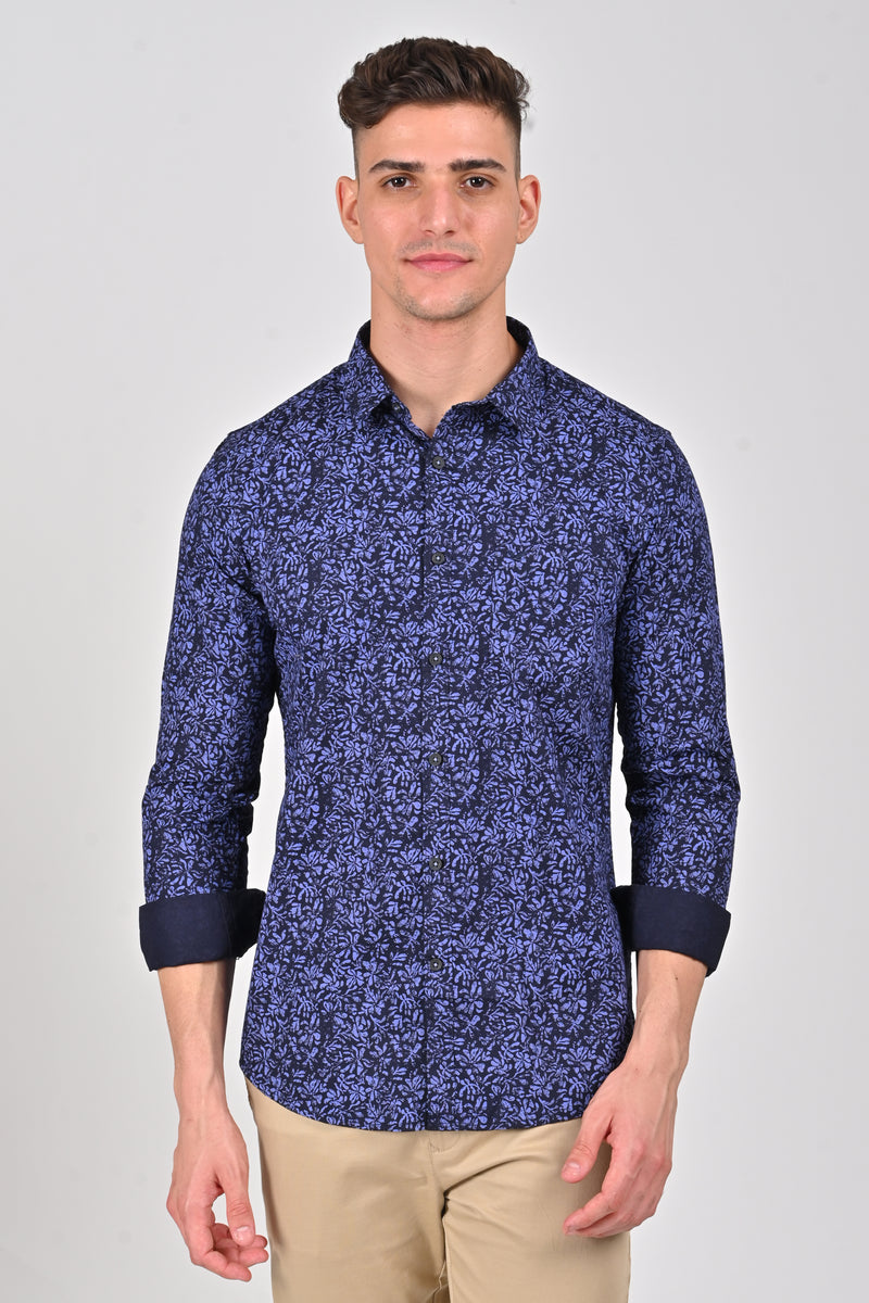 Cobalt Blue Premium Cotton Printed Shirt