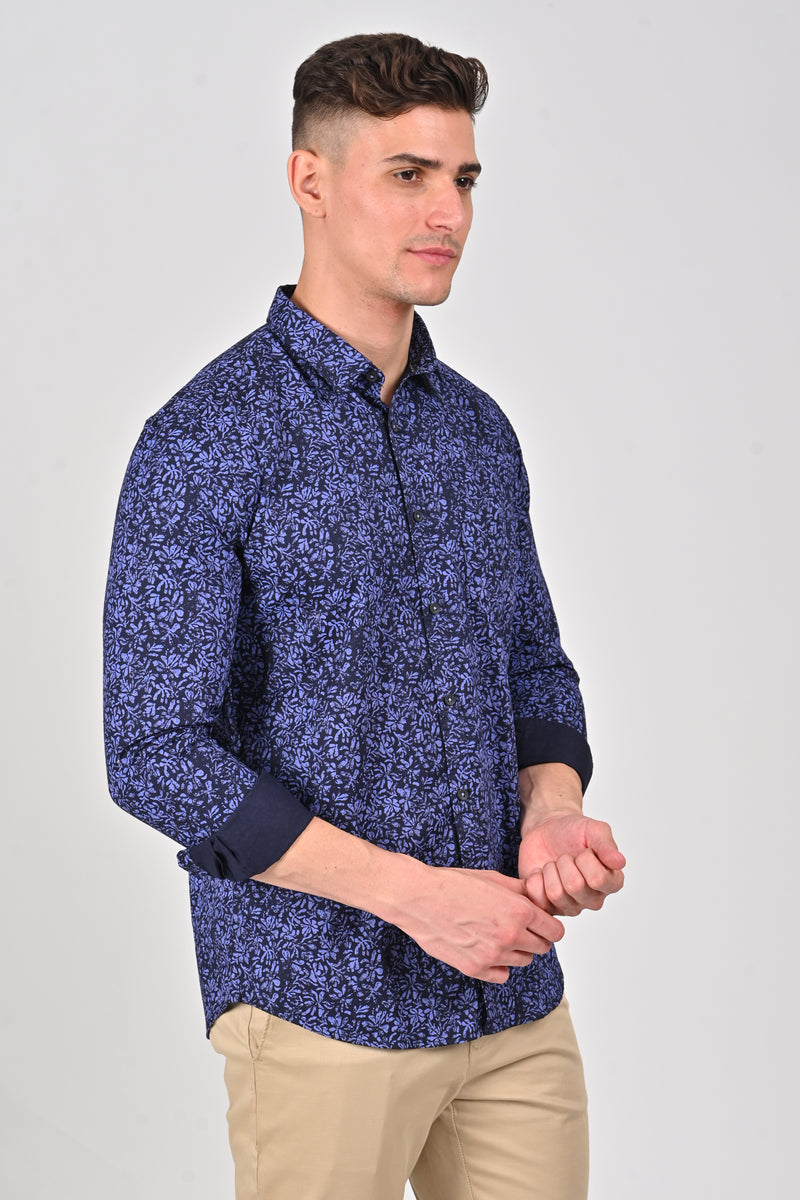 Cobalt Blue Premium Cotton Printed Shirt