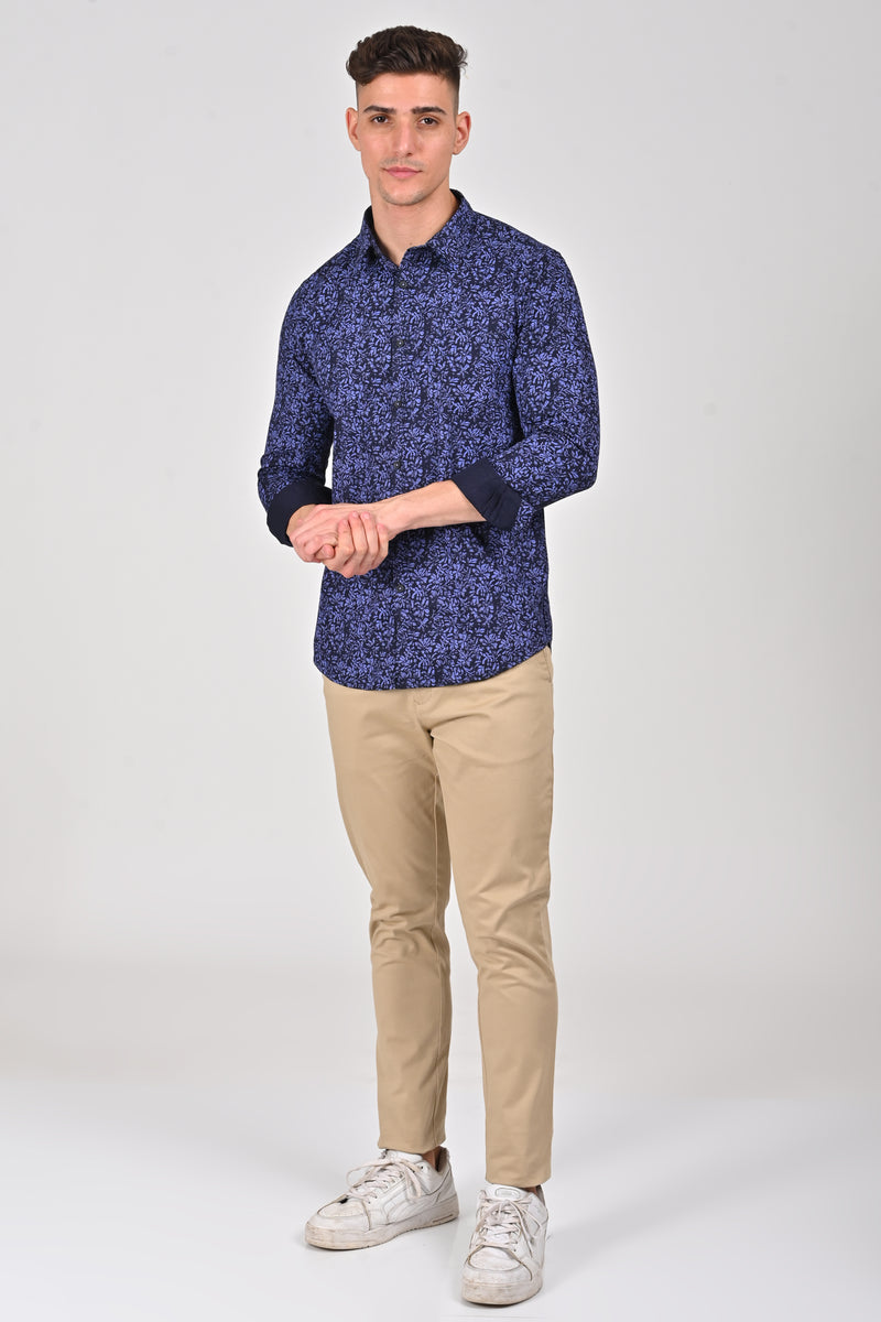 Cobalt Blue Premium Cotton Printed Shirt