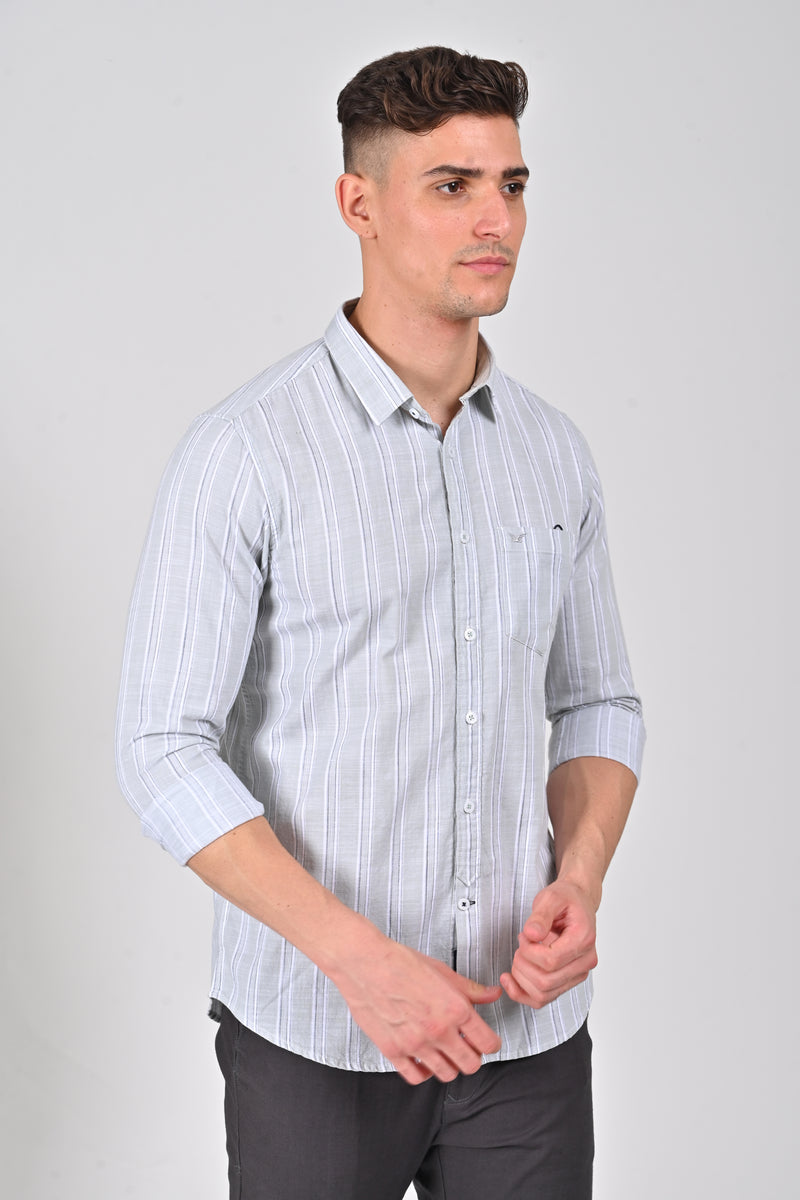 Light Grey Premium Cotton Vertical Stripe Shirt