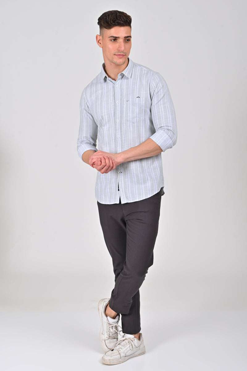 Light Grey Premium Cotton Vertical Stripe Shirt