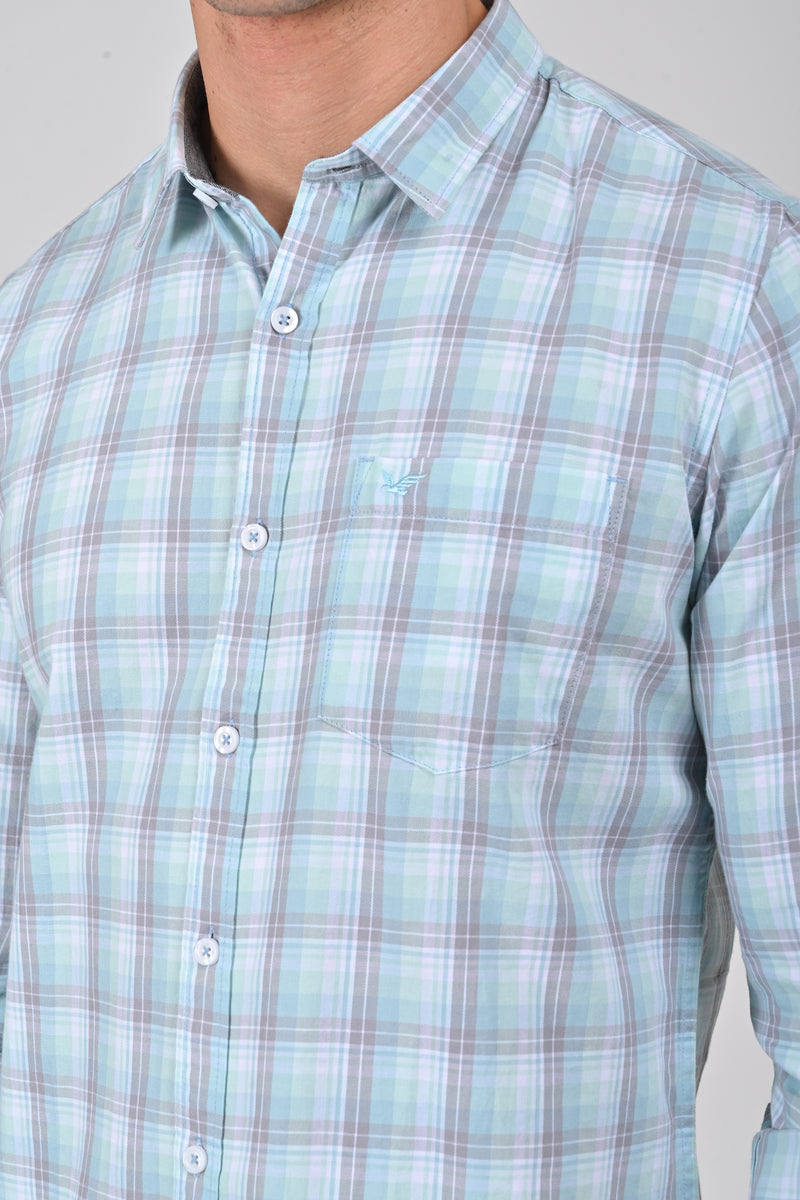 Ice Blue	Premium Cotton Checks Shirt