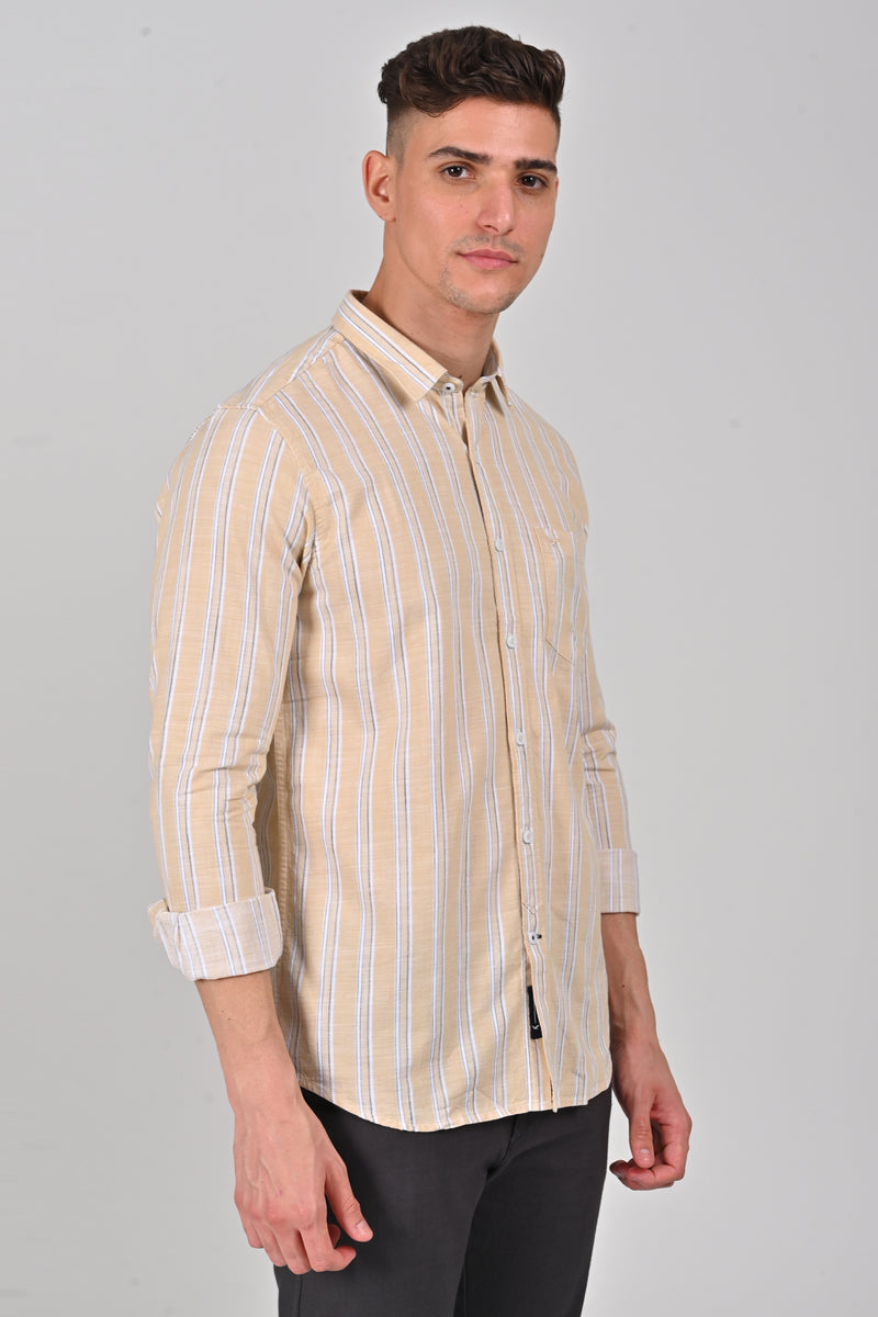 Light Yellow Premium Cotton Vertical Stripe Shirt