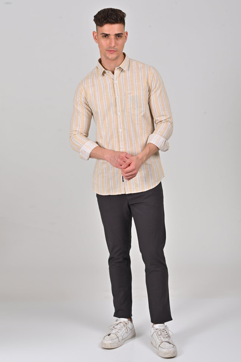 Light Yellow Premium Cotton Vertical Stripe Shirt