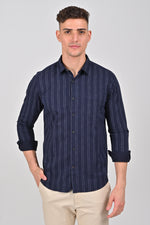 Navy Vertical Stripe Printed Cotton Shirt