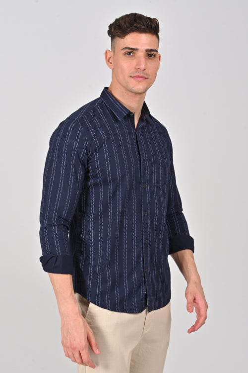 Navy Vertical Stripe Printed Cotton Shirt