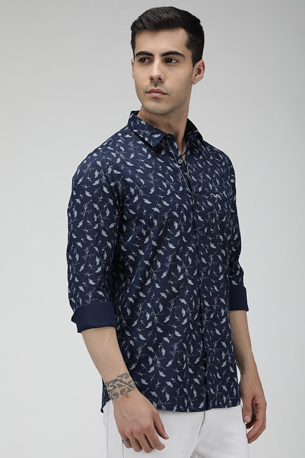 Navy blue printed cotton causal shirt