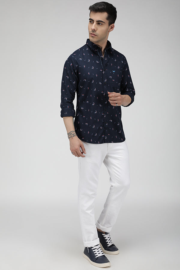 Deep navy multi color tropical print shirt