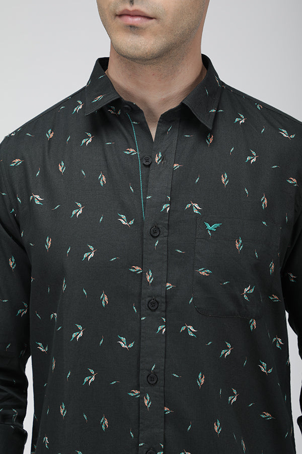 Olive green multi color tropical print shirt