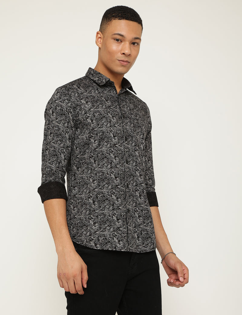 Black Textured Cotton Printed Slim Fit Shirt