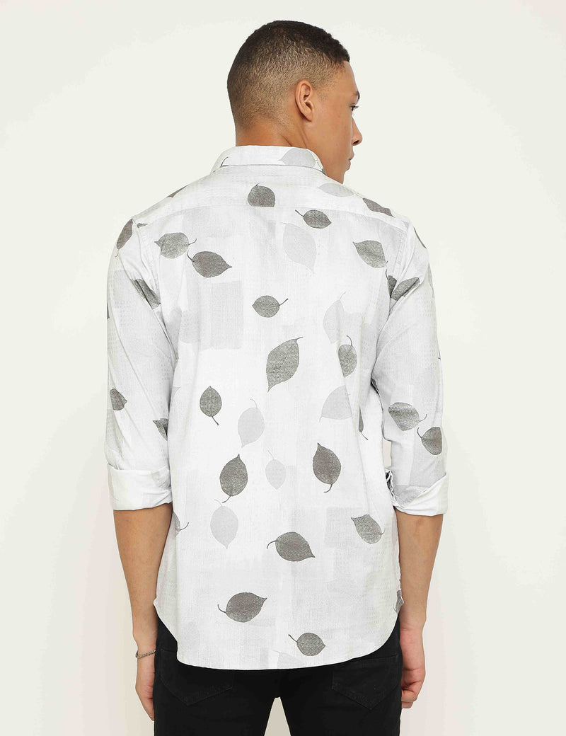 Light Grey Printed Stretch Cotton Slim Fit Shirt