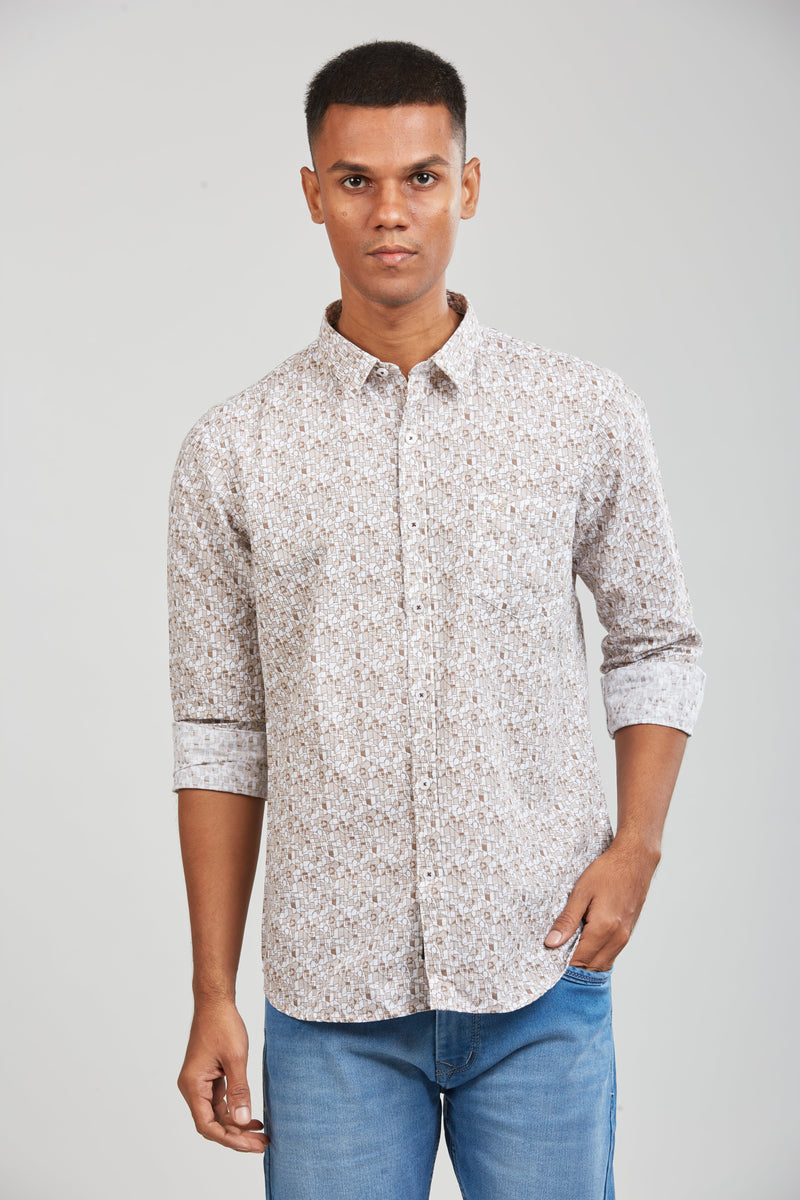 Khaki Textured Cotton Printed Shirt