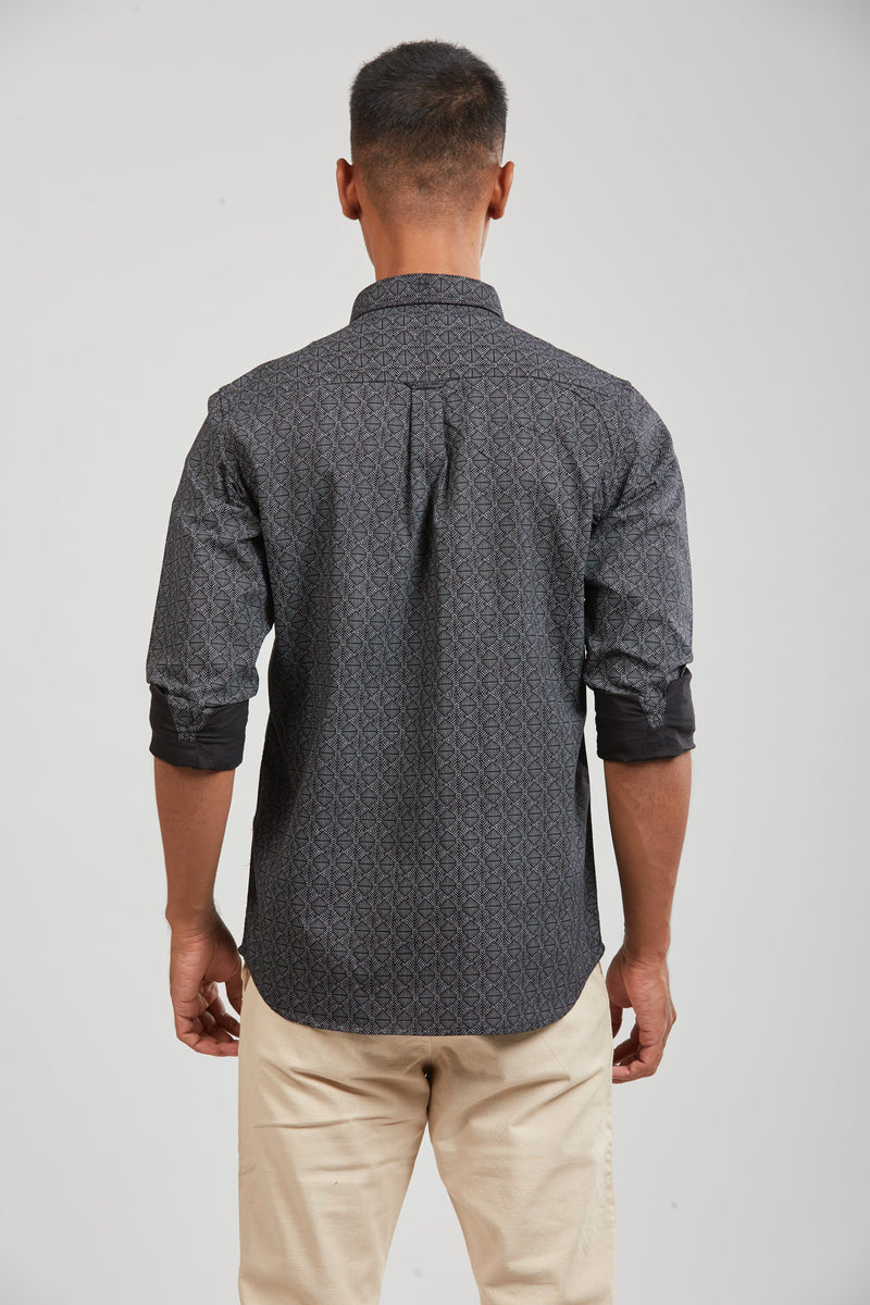 Black Textured Cotton Printed Shirt