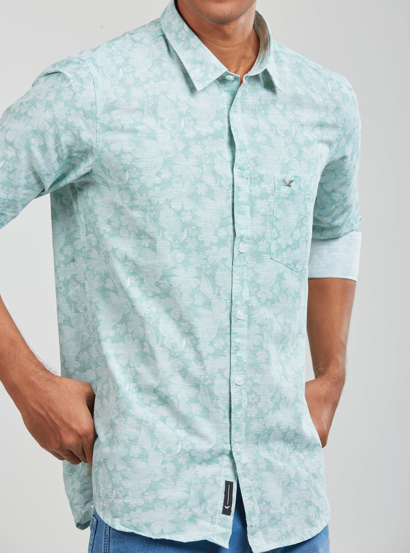 Sage Green Textured Cotton Printed Shirt