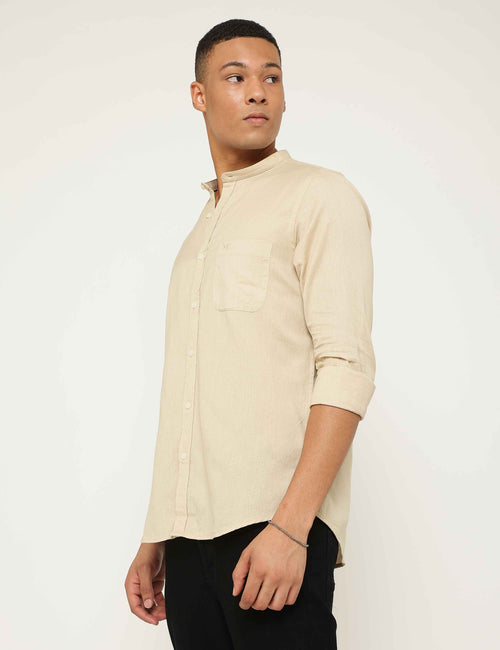 Light Beige Textured Cotton Slim Fit Solid Mandarin Shirt
