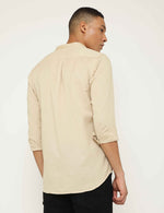 Light Beige Textured Cotton Slim Fit Solid Mandarin Shirt