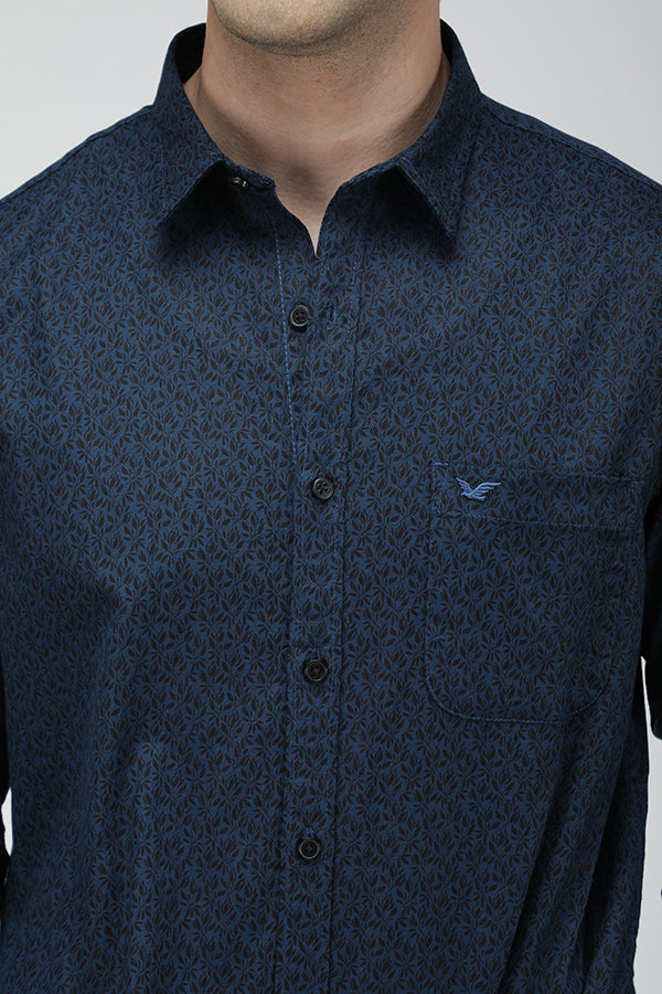 Deep blue monochrome tropical print shirt