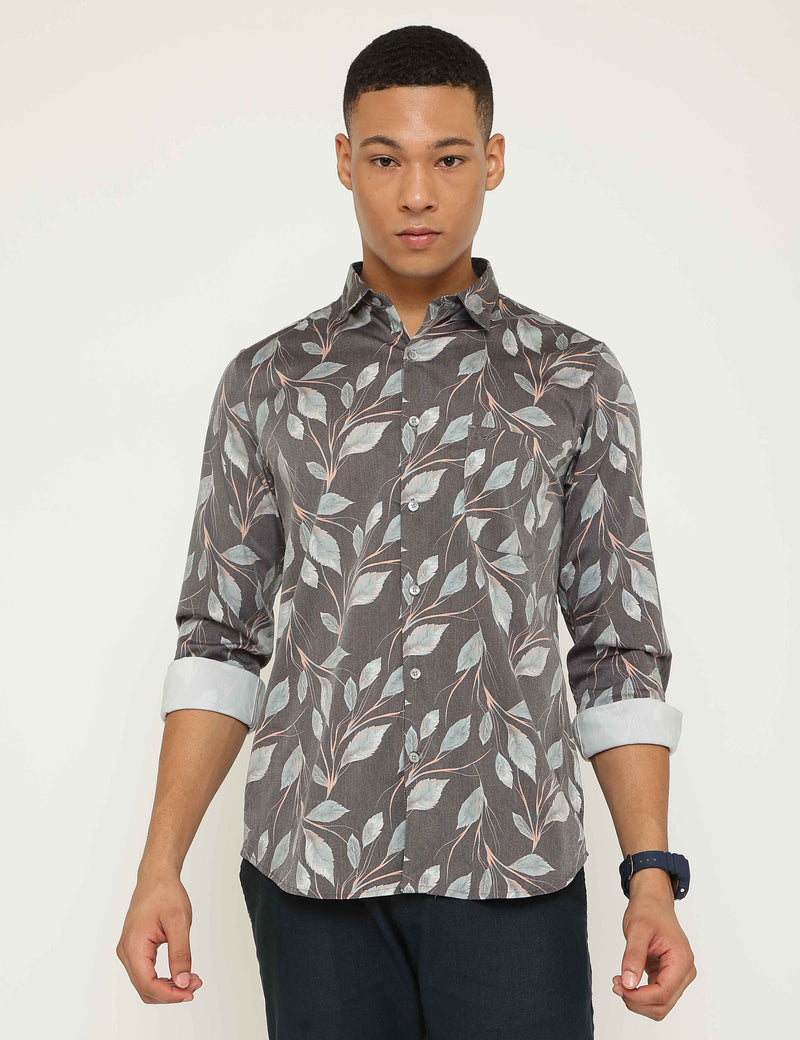 Grey Stretch Satin Tropical Printed Slim Fit Shirt