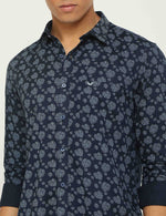 Blue Textured Printed Slim Fit Shirt