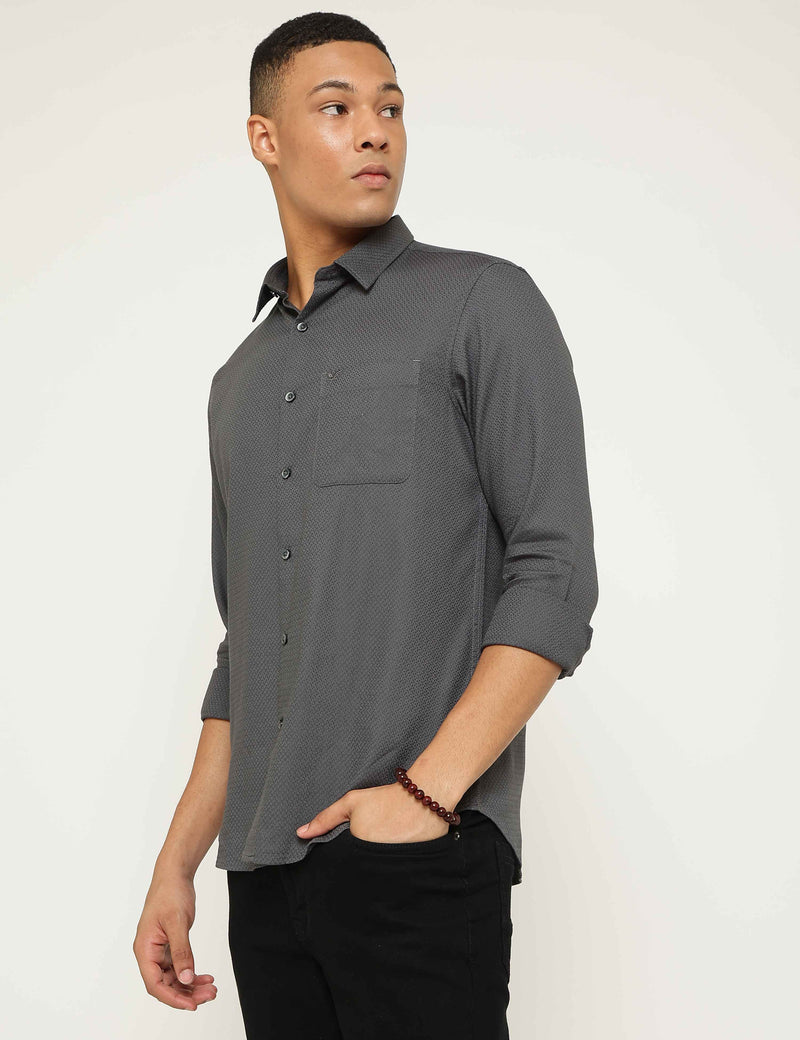 Grey Textured Premium Cotton Slim Fit Shirt
