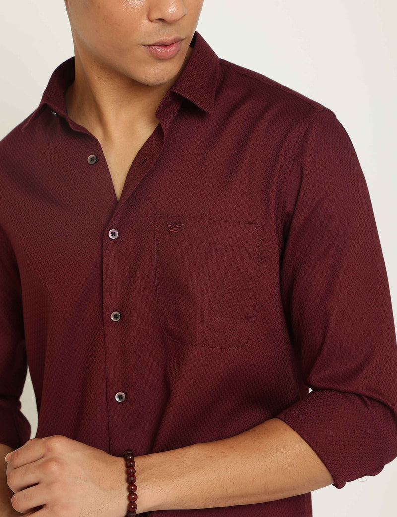 Burgundy Textured Premium Cotton Slim Fit Shirt