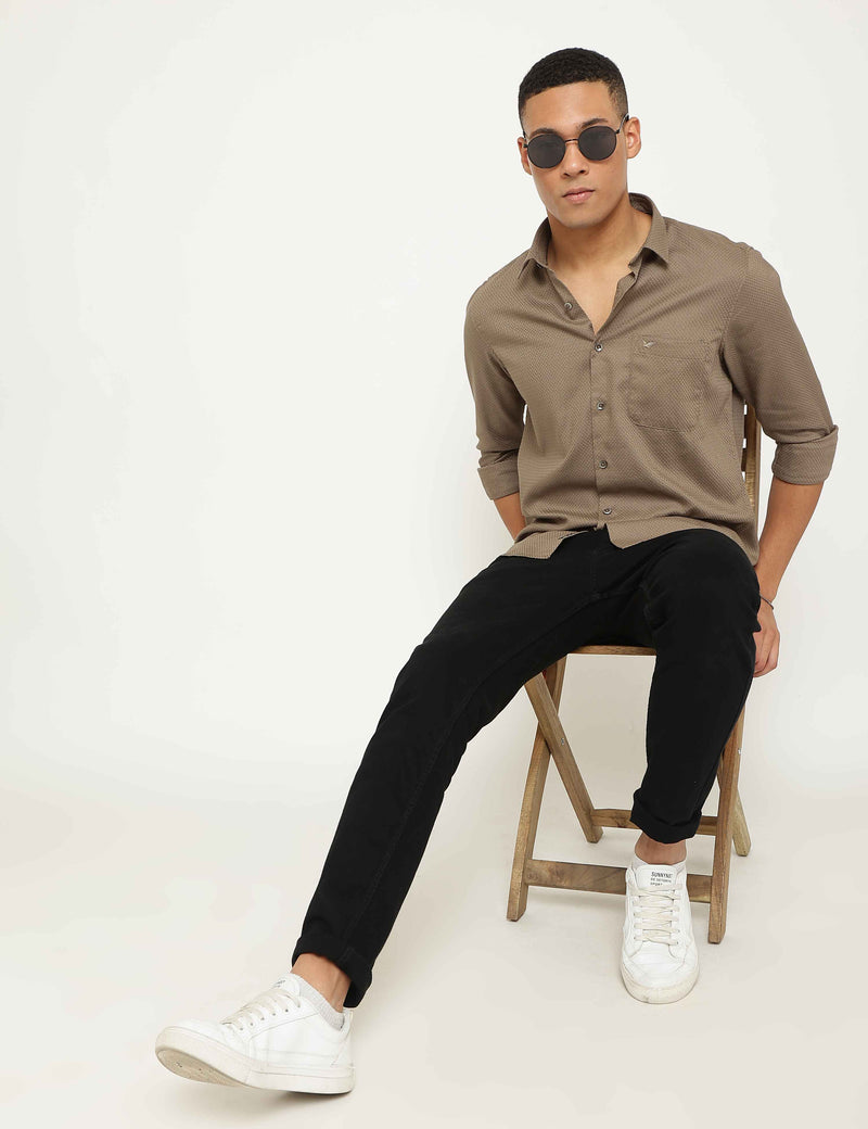 Khaki Textured Premium Cotton Slim Fit Shirt