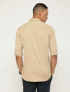Beige Textured Stretch Cotton Solid Slim Fit Shirt