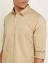 Beige Textured Stretch Cotton Solid Slim Fit Shirt