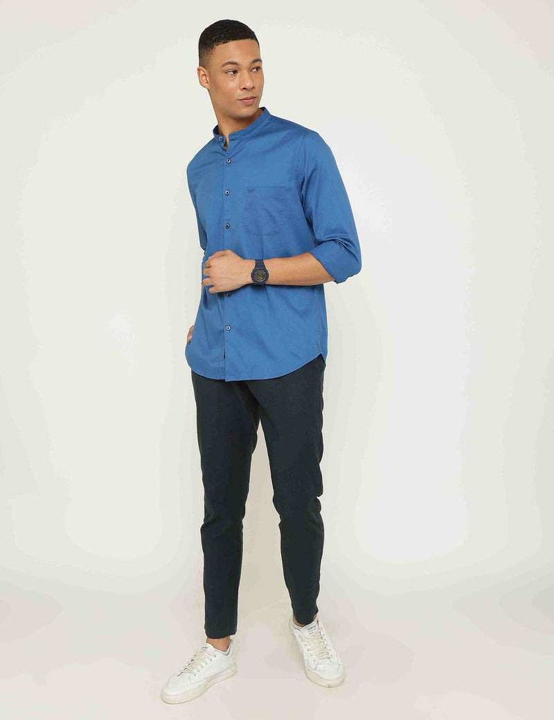 Cobalt Blue Solid Cotton Mandarin Slim Fit Shirt