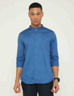 Cobalt Blue Solid Cotton Mandarin Slim Fit Shirt