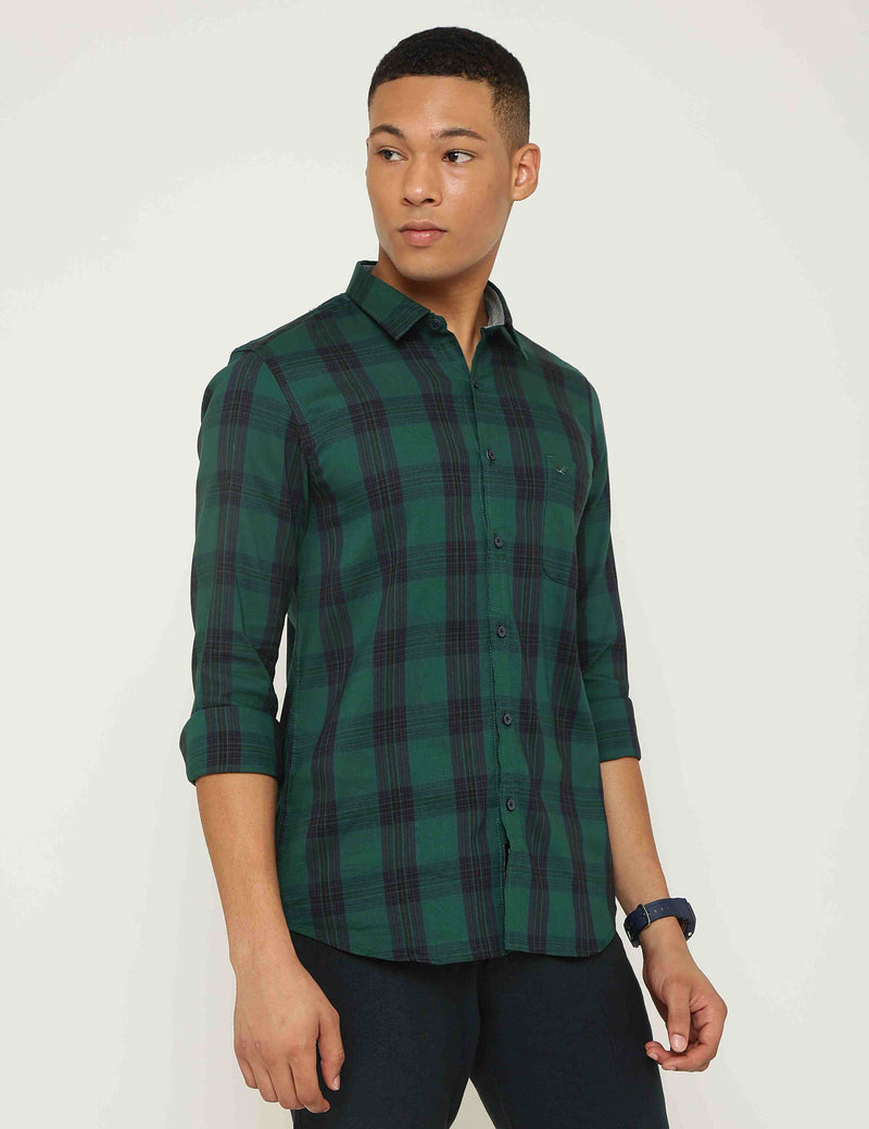 Pine Green Stretch Cotton Multicolor Checks Shirt
