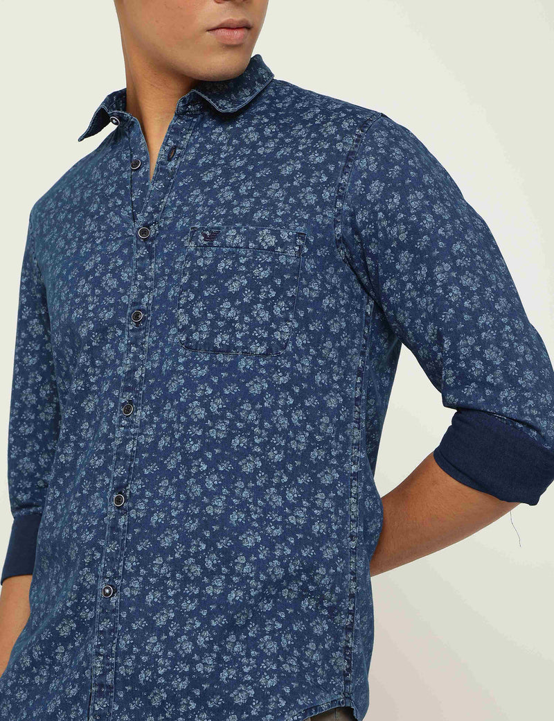 Indigo Blue Cotton Floral Printed Slim Fit Shirt