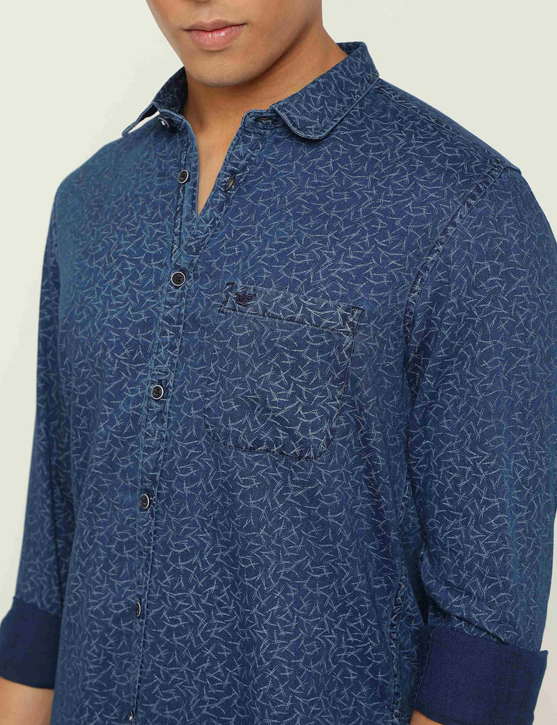 Indigo Blue Cotton Printed Slim Fit Shirt