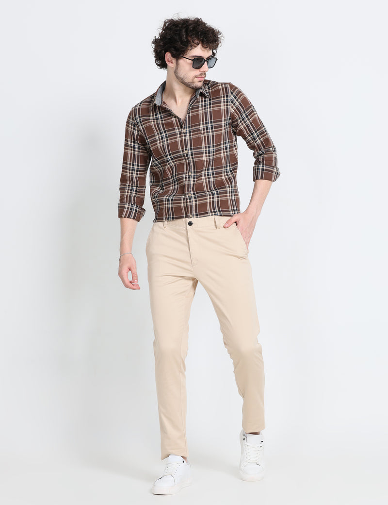 Beige Modern Fit Stretch Cotton Trouser