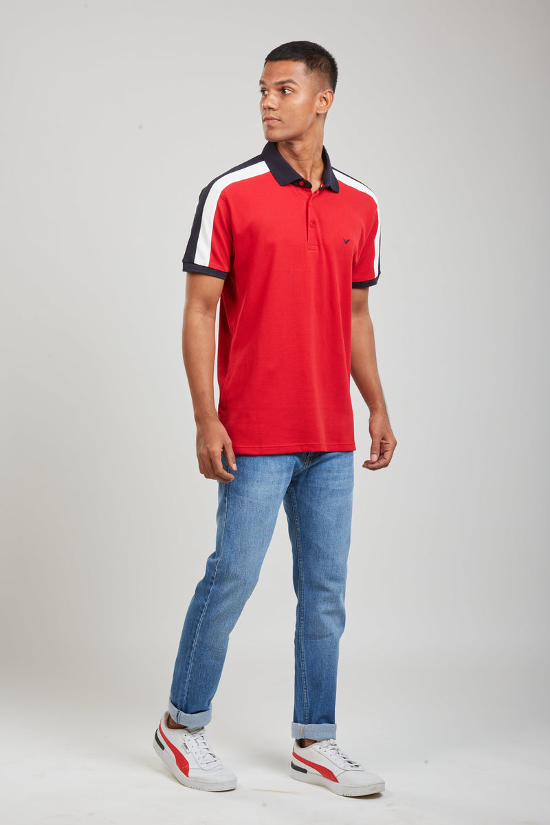 Red Sporty Slim Fit Textured Polo