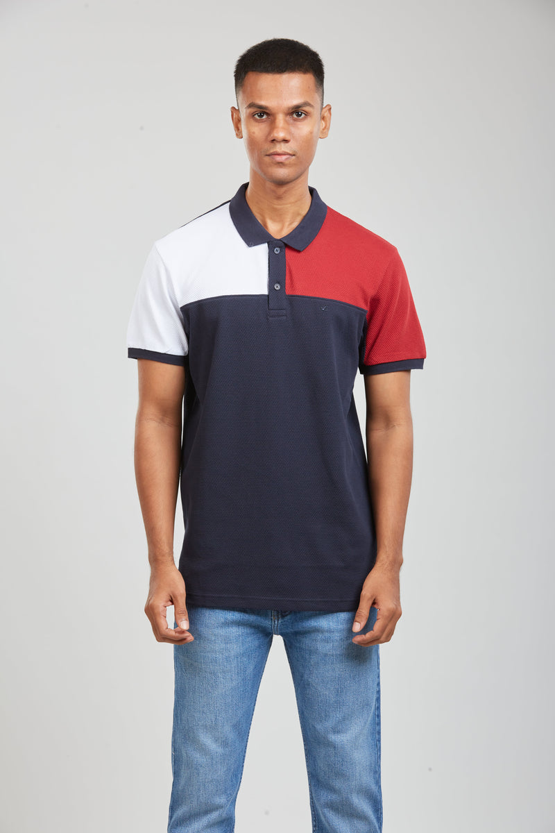 Navy Textured Cotton Slim Fit Polo