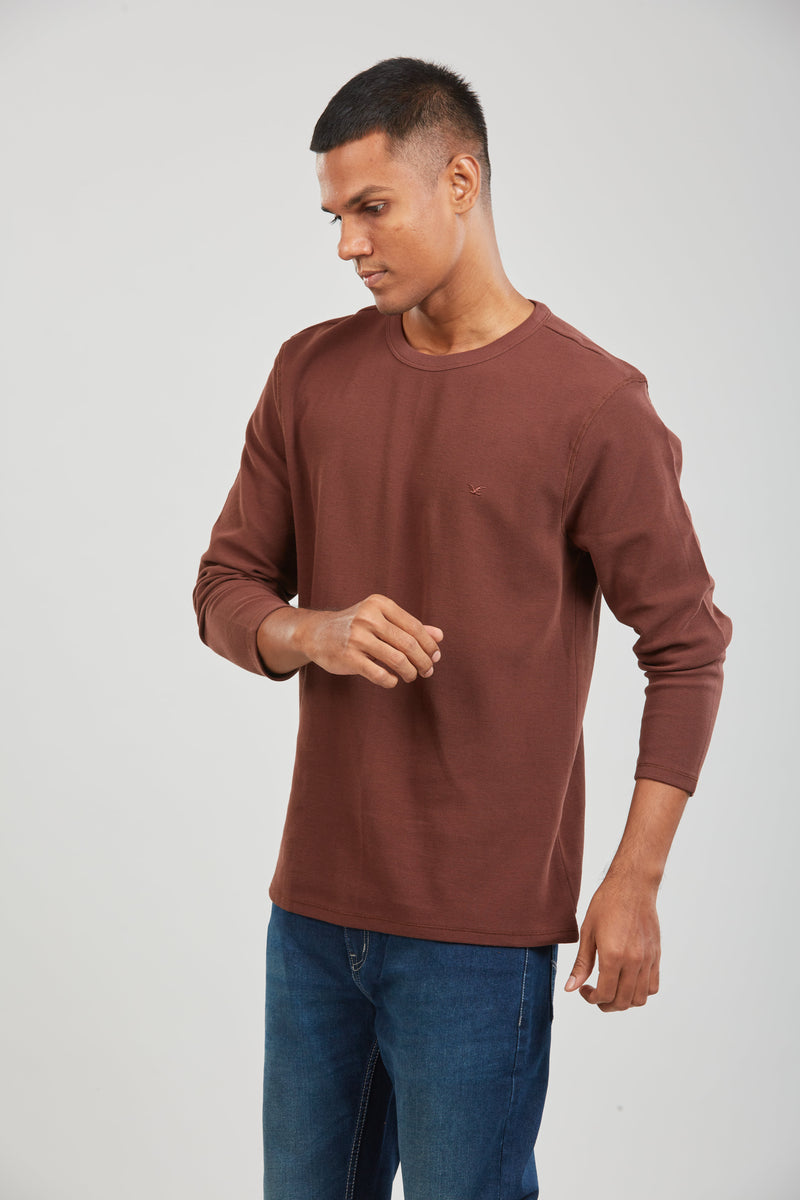 Brown Textured Premium Cotton Slim Fit T-Shirt