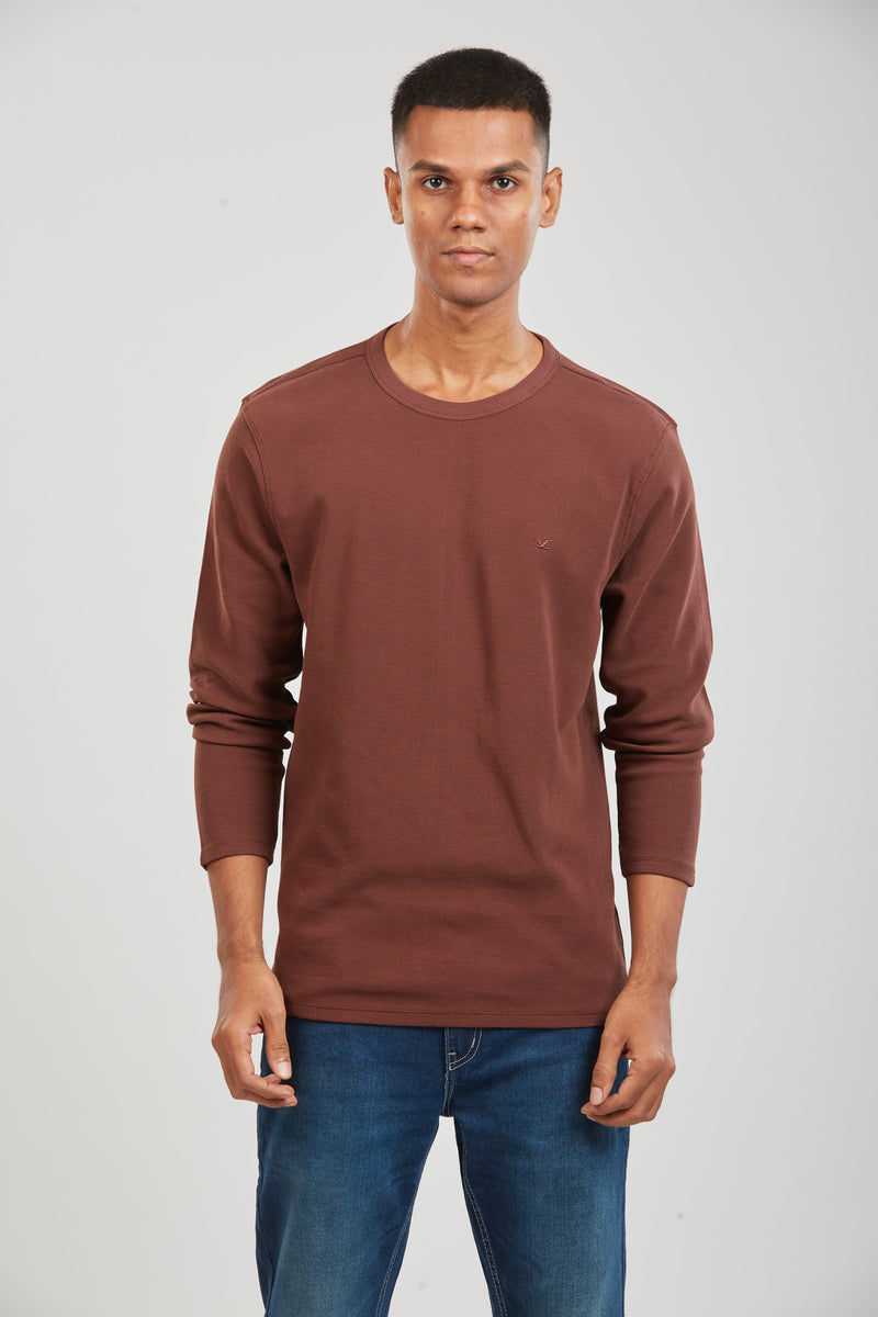 Brown Textured Premium Cotton Slim Fit T-Shirt
