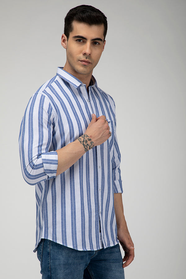 Blue cotton linen multi stripe shirt