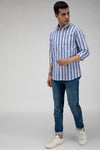 Blue cotton linen multi stripe shirt