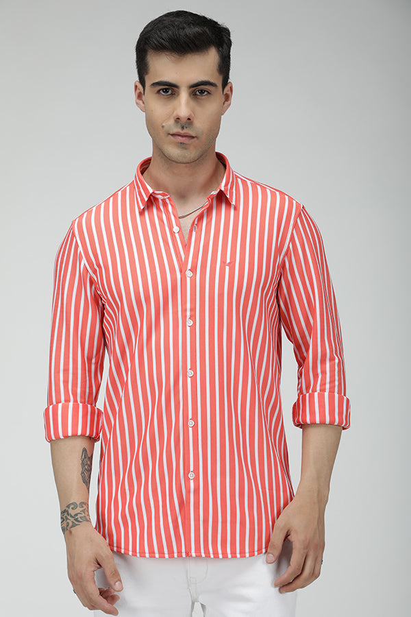 Coral Pink vertical stripe knitted stretch shirt