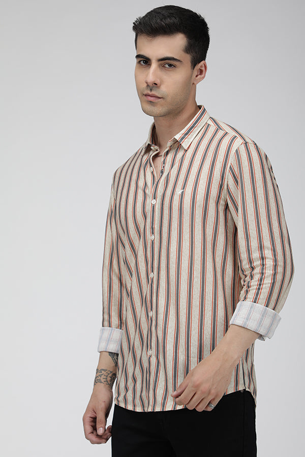 Beige knitted vertical stripe stretch shirt